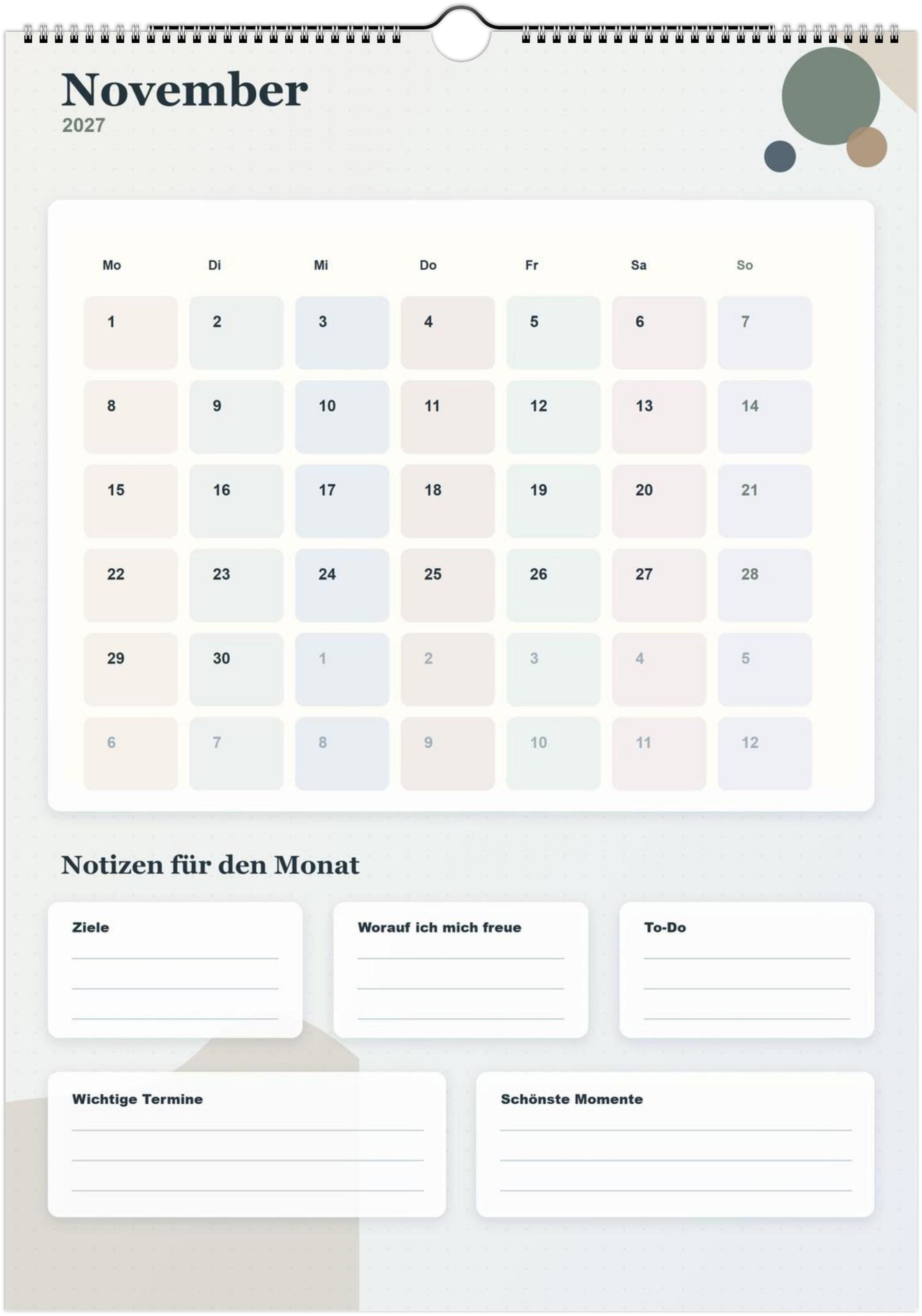 Monatsplaner Kalender 2027 A4 A3 Wandkalender bunt | Kalender mit Notizen | Jahresplaner Geschenk Büro Familie Termine Ziele Notizen ToDos