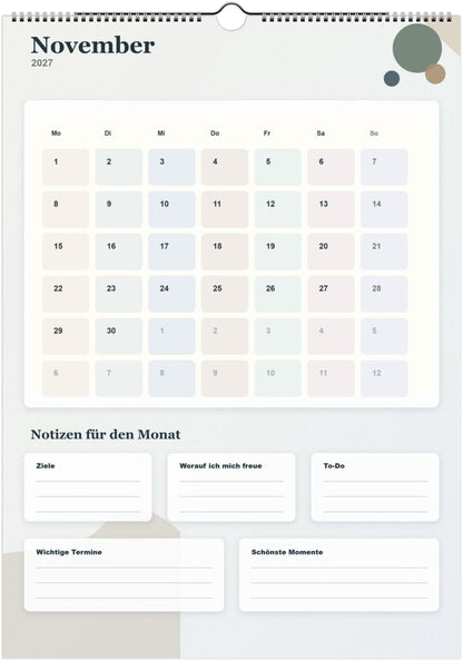 Monatsplaner Kalender 2027 A4 A3 Wandkalender bunt | Kalender mit Notizen | Jahresplaner Geschenk Büro Familie Termine Ziele Notizen ToDos