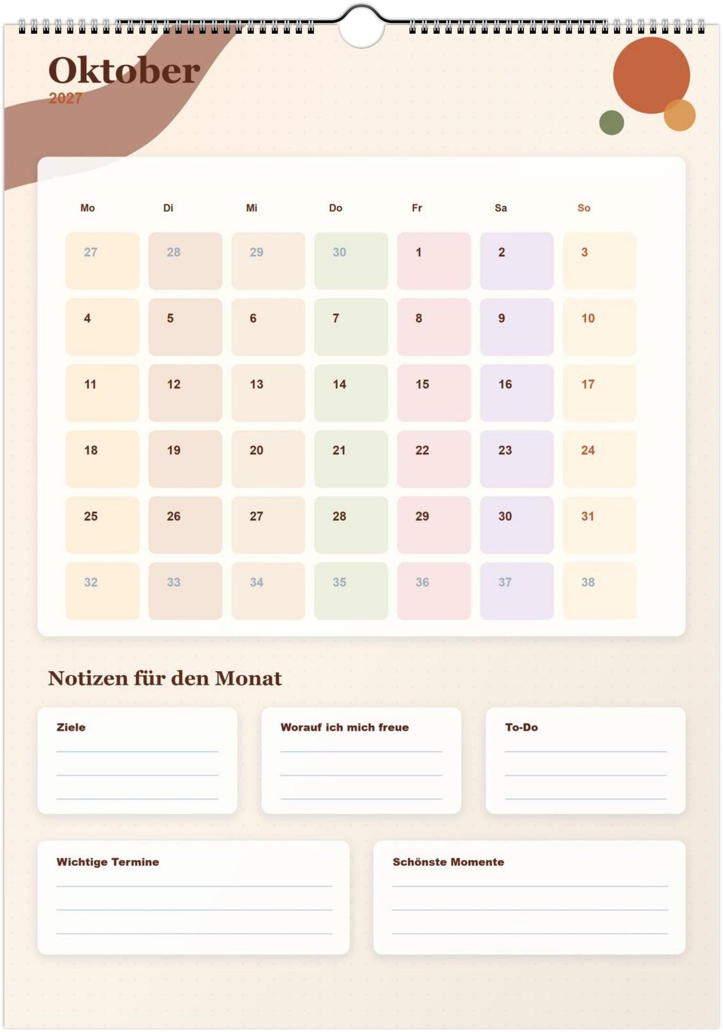 Monatsplaner Kalender 2027 A4 A3 Wandkalender bunt | Kalender mit Notizen | Jahresplaner Geschenk Büro Familie Termine Ziele Notizen ToDos
