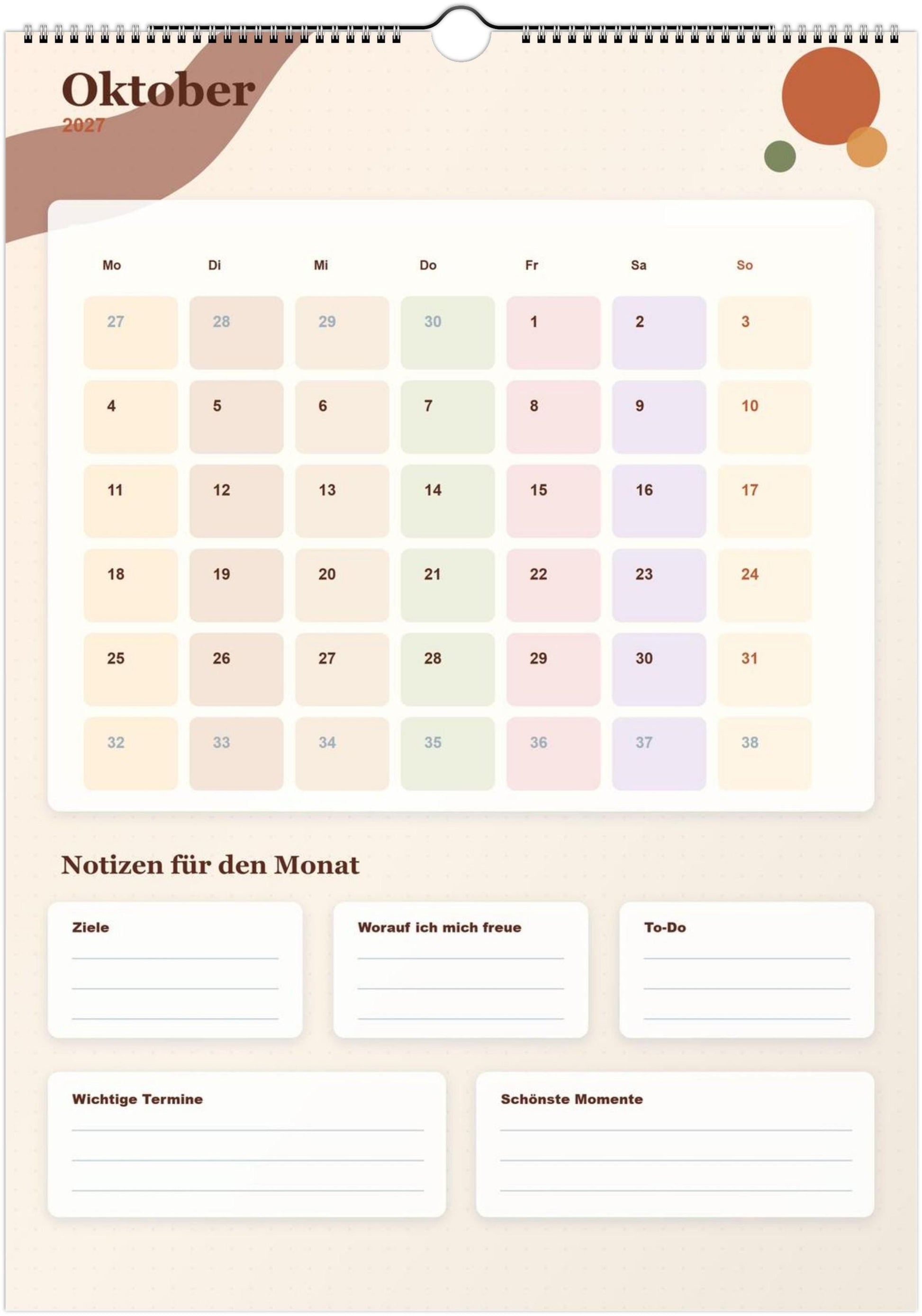 Monatsplaner Kalender 2027 A4 A3 Wandkalender bunt | Kalender mit Notizen | Jahresplaner Geschenk Büro Familie Termine Ziele Notizen ToDos