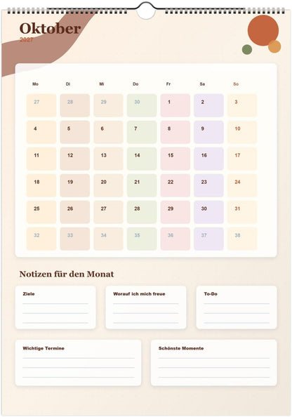Monatsplaner Kalender 2027 A4 A3 Wandkalender bunt | Kalender mit Notizen | Jahresplaner Geschenk Büro Familie Termine Ziele Notizen ToDos