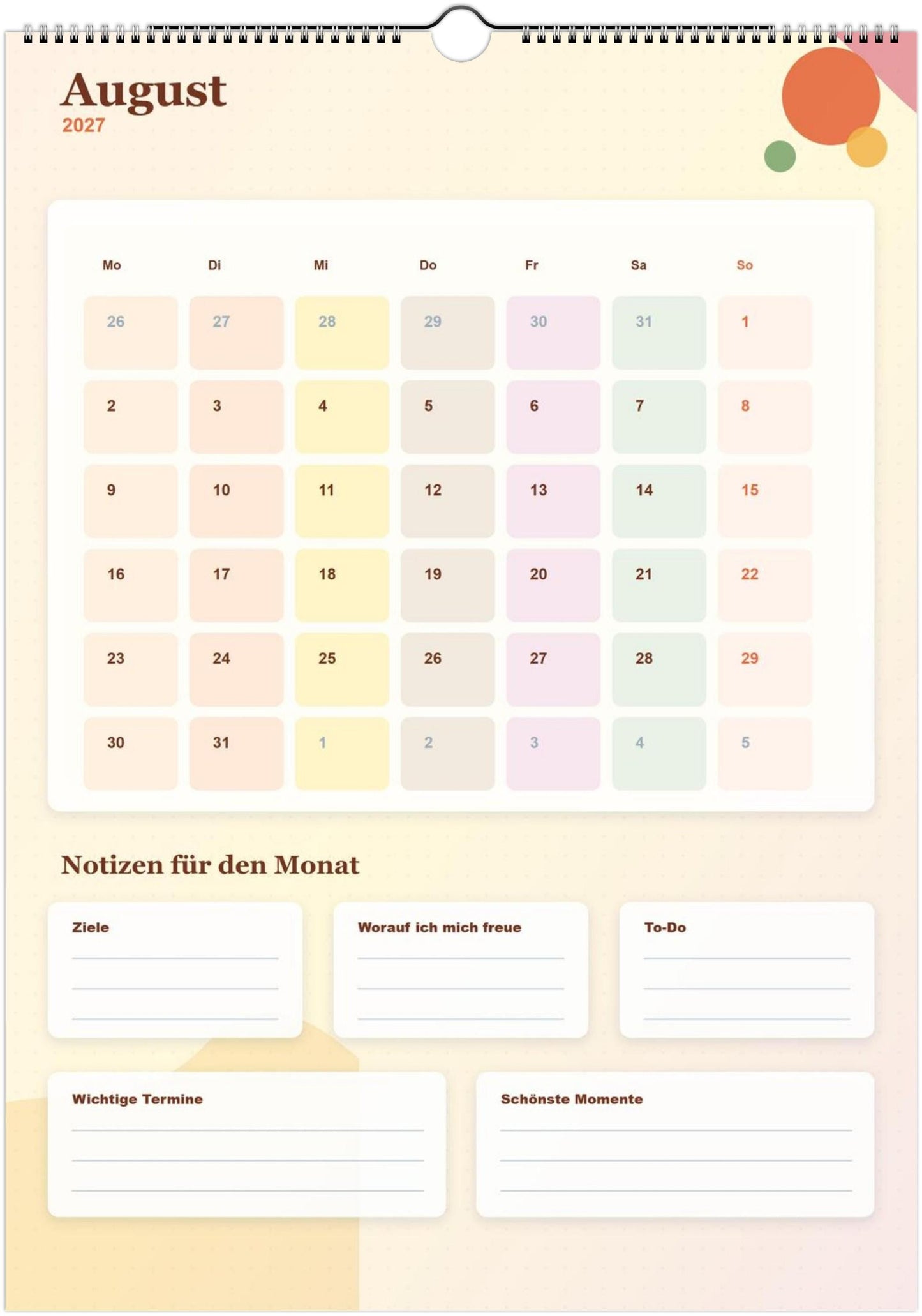 Monatsplaner Kalender 2027 A4 A3 Wandkalender bunt | Kalender mit Notizen | Jahresplaner Geschenk Büro Familie Termine Ziele Notizen ToDos