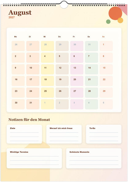 Monatsplaner Kalender 2027 A4 A3 Wandkalender bunt | Kalender mit Notizen | Jahresplaner Geschenk Büro Familie Termine Ziele Notizen ToDos
