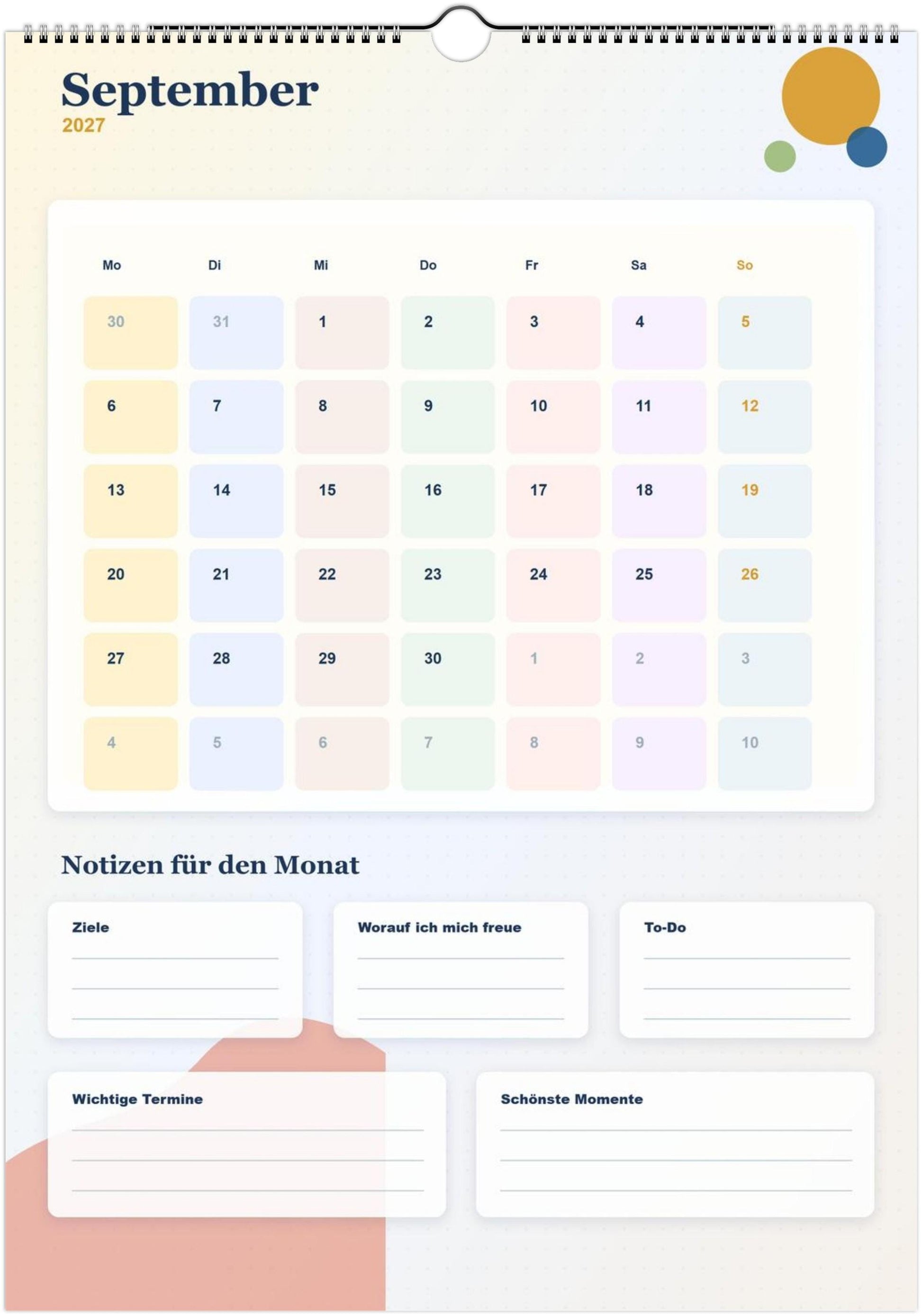 Monatsplaner Kalender 2027 A4 A3 Wandkalender bunt | Kalender mit Notizen | Jahresplaner Geschenk Büro Familie Termine Ziele Notizen ToDos