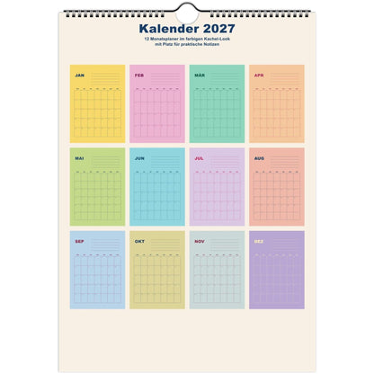 Kalender 2027 Deutsch | Bunter Monatsplaner A4 A3 | Wandkalender mit Notizen | Kachel Kalender Hochformat Kalendarium Notizen Küche Flur