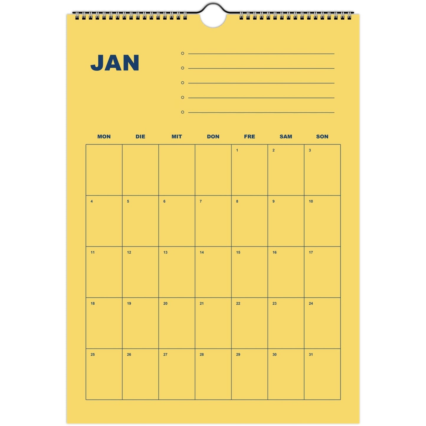 Kalender 2027 Deutsch | Bunter Monatsplaner A4 A3 | Wandkalender mit Notizen | Kachel Kalender Hochformat Kalendarium Notizen Küche Flur