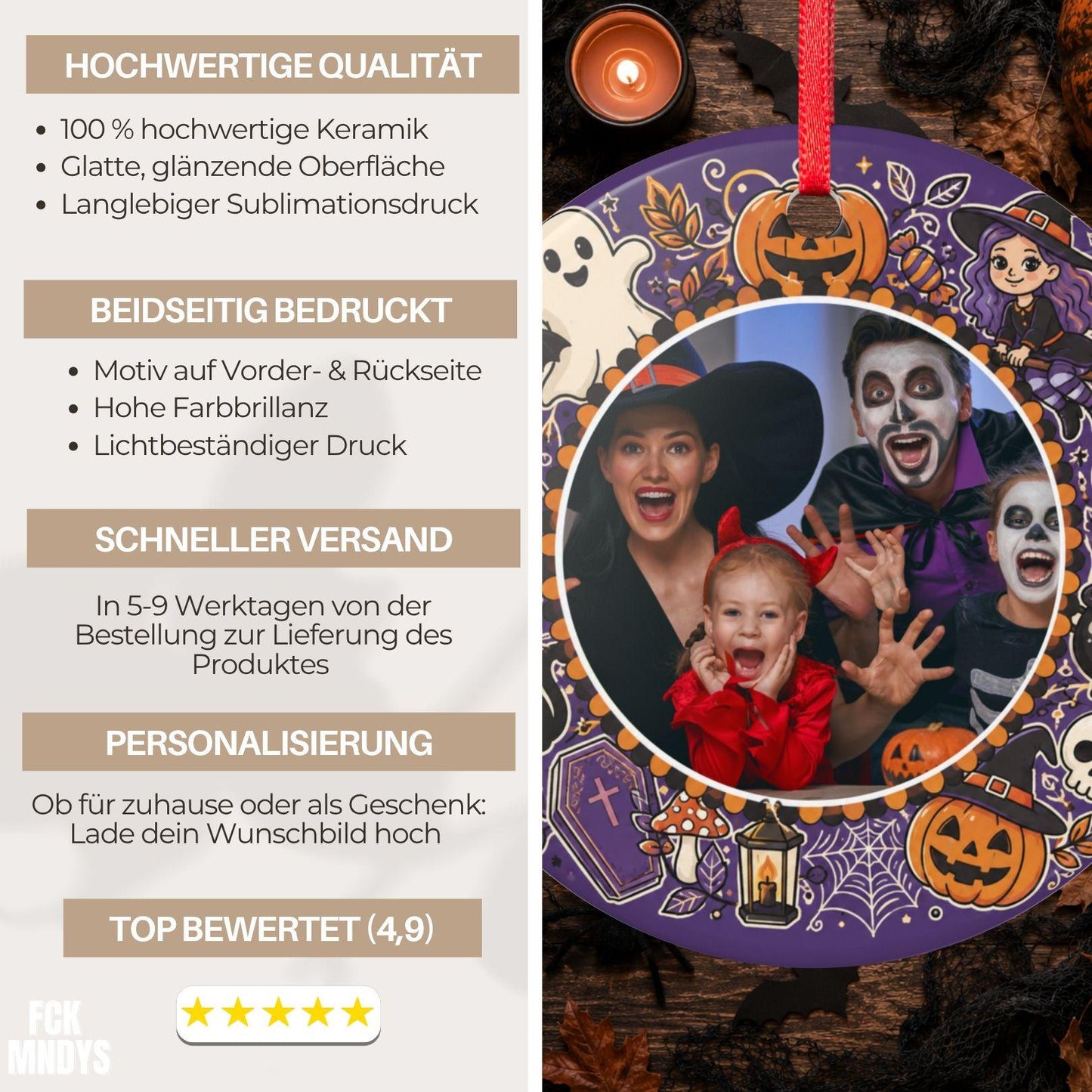 Personalisiertes Halloween Foto Ornament, Keramik Anhänger mit eigenem Bild, Grusel Deko Geschenk Familie Paare Haustier