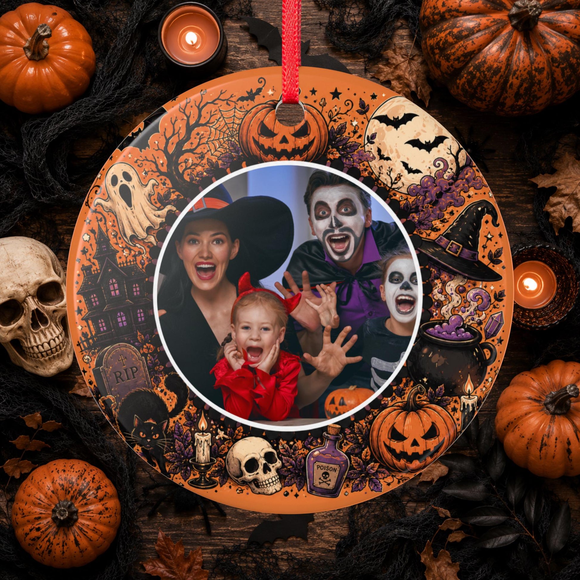 Personalisiertes Halloween Foto Ornament, Keramik Anhänger mit eigenem Bild, Grusel Deko Geschenk Familie Paare Haustier