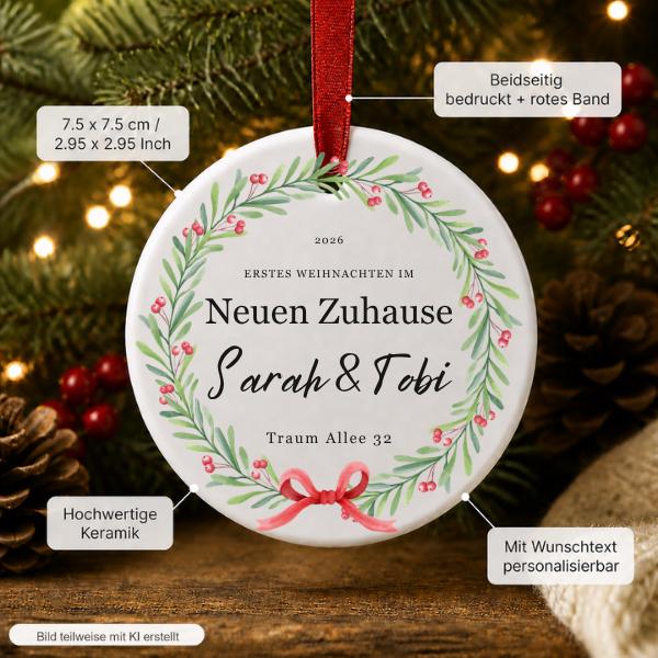 Personalisierter Weihnachtsanhänger Neues Zuhause, Keramik Ornament mit Namen & Adresse, Erstes Weihnachten Geschenk