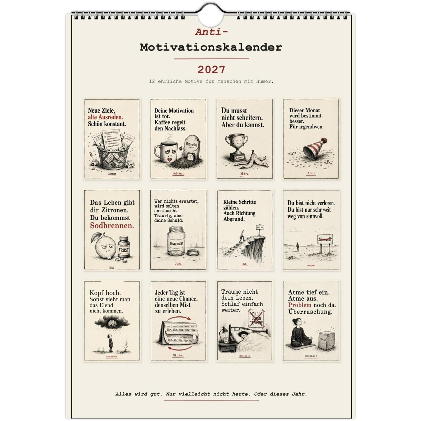Anti-Motivationskalender 2027 A4 A3 Hochformat | Sarkasmus Wandkalender ohne Kalendarium | Lustiger Kalender Geschenk Büro schwarzer Humor