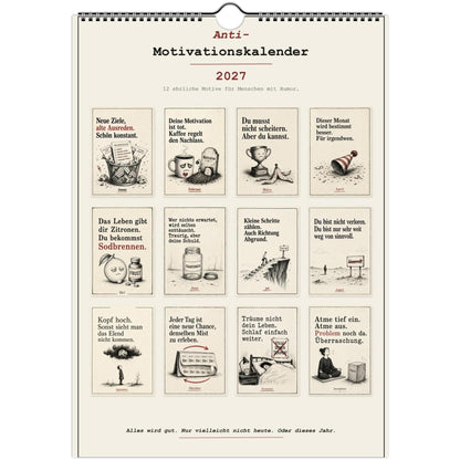 Anti-Motivationskalender 2027 A4 A3 Hochformat | Sarkasmus Wandkalender ohne Kalendarium | Lustiger Kalender Geschenk Büro schwarzer Humor