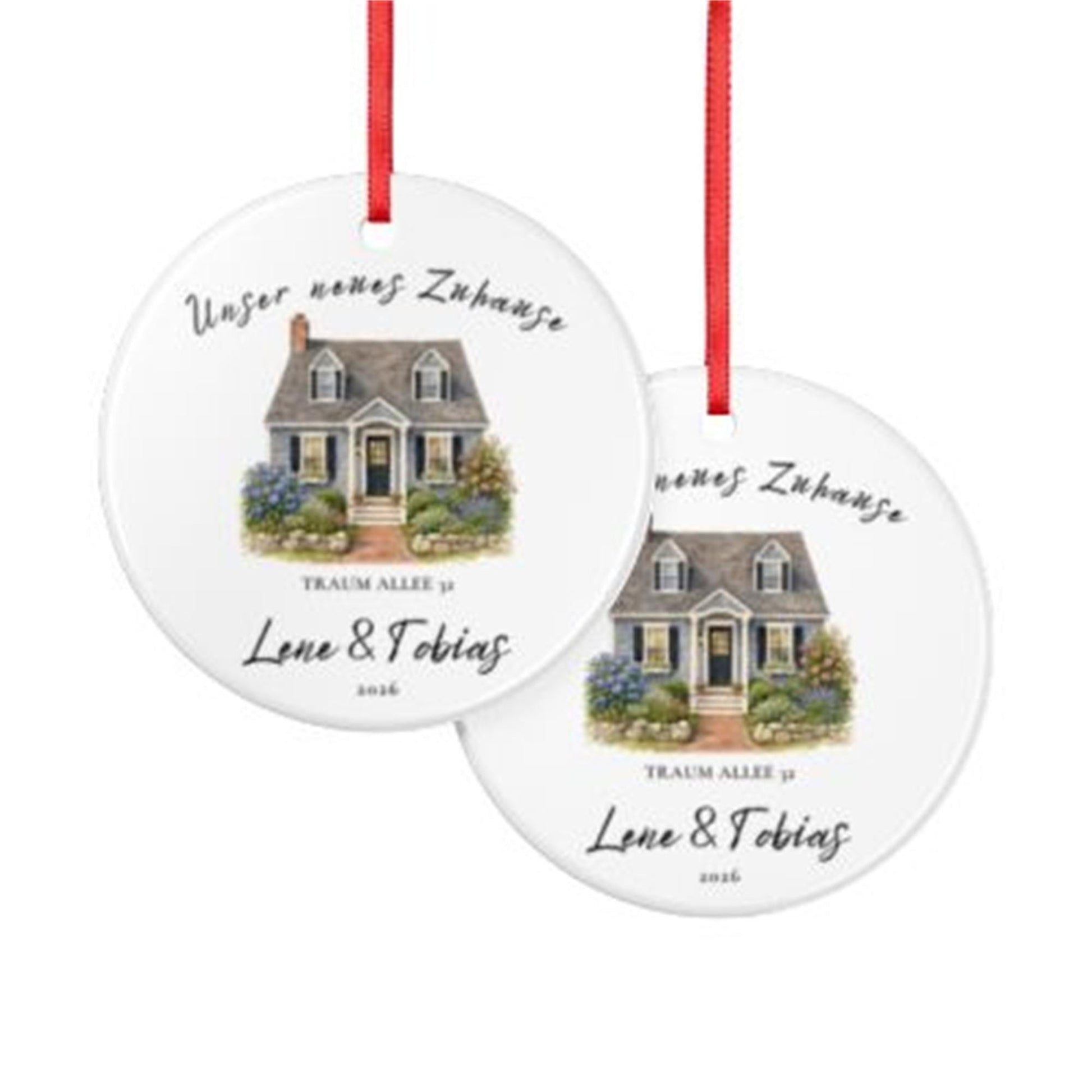 Personalisierter Keramik Anhänger Hausfoto, Neues Zuhause Geschenk mit Namen Adresse Jahr, Einzug Umzug Hausbau Richtfest Familie Ornament