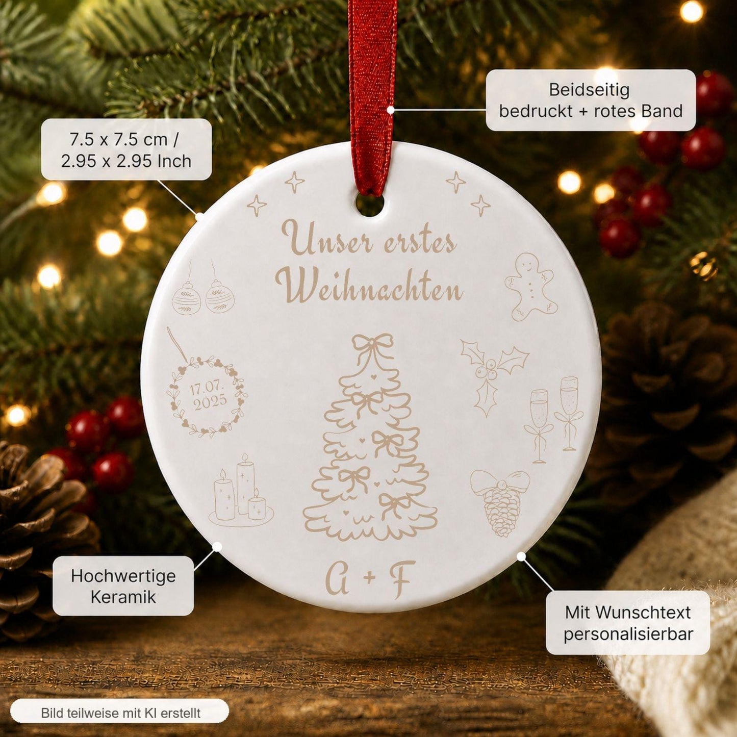 Personalisiertes Erstes Weihnachten Ornament für Paare, Familien, Keramik Weihnachtsanhänger mit Namen Datum, erstes Weihnachten Geschenk