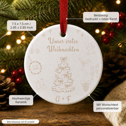 Personalisiertes Erstes Weihnachten Ornament für Paare, Familien, Keramik Weihnachtsanhänger mit Namen Datum, erstes Weihnachten Geschenk