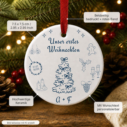 Personalisiertes Erstes Weihnachten Ornament für Paare, Familien, Keramik Weihnachtsanhänger mit Namen Datum, erstes Weihnachten Geschenk