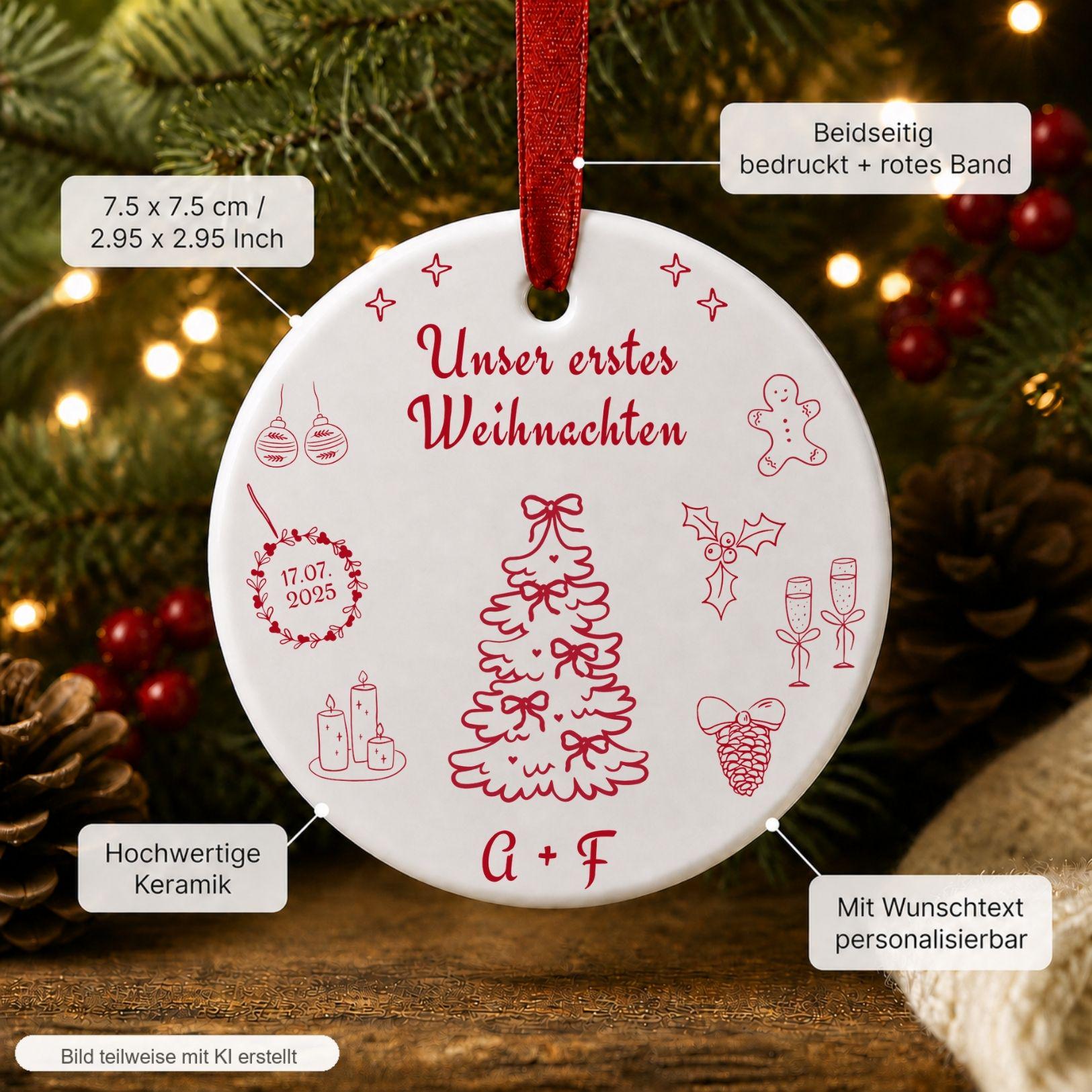 Personalisiertes Erstes Weihnachten Ornament für Paare, Familien, Keramik Weihnachtsanhänger mit Namen Datum, erstes Weihnachten Geschenk