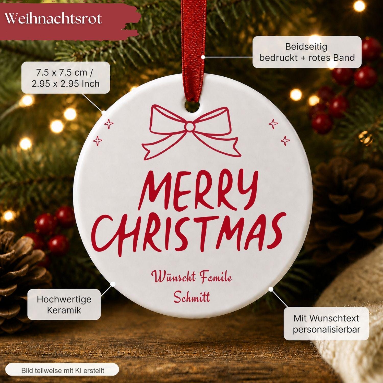 Personalisiertes Merry Christmas Ornament, Keramik Weihnachtsanhänger mit Wunschtext, Christbaumschmuck, Geschenk Weihnachten