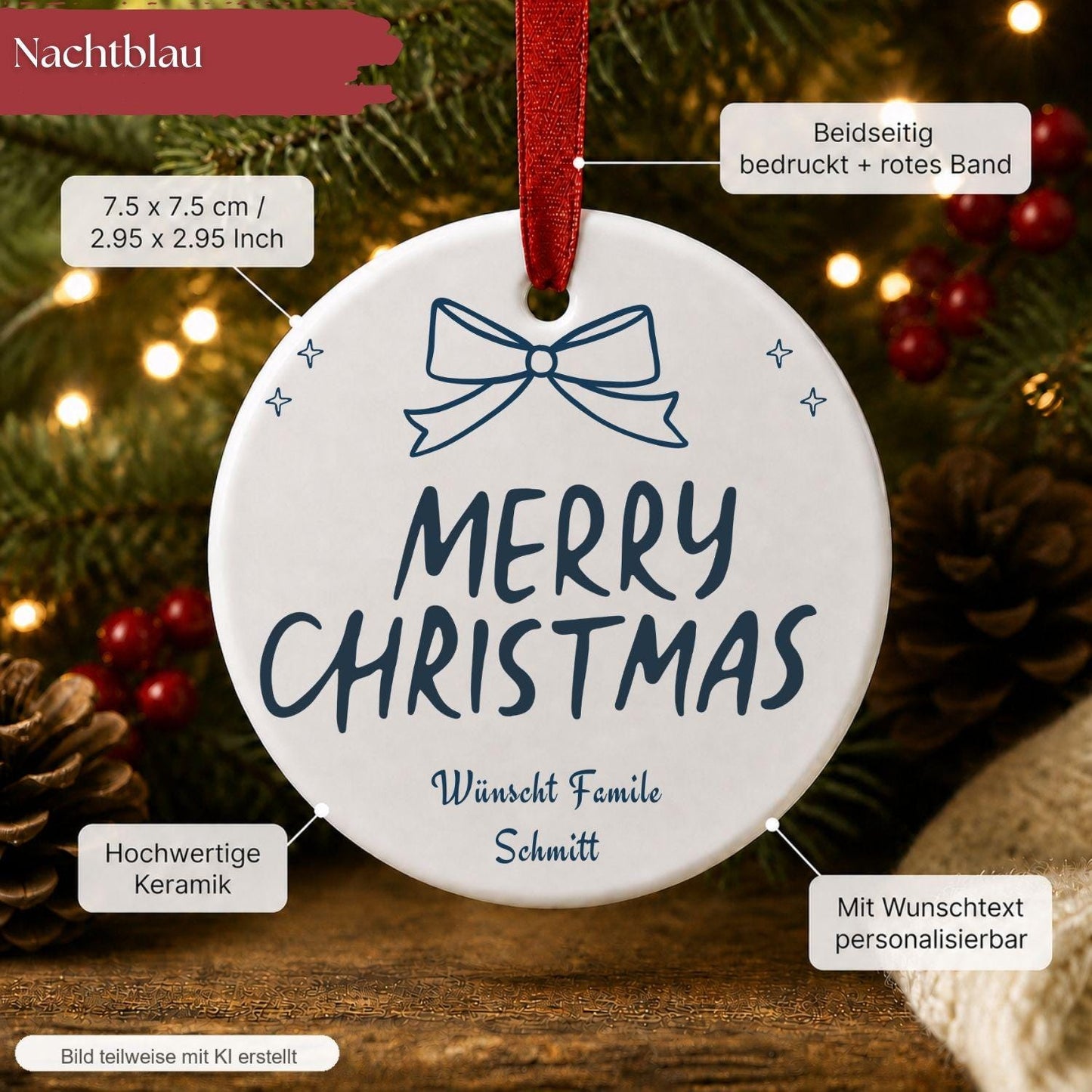 Personalisiertes Merry Christmas Ornament, Keramik Weihnachtsanhänger mit Wunschtext, Christbaumschmuck, Geschenk Weihnachten