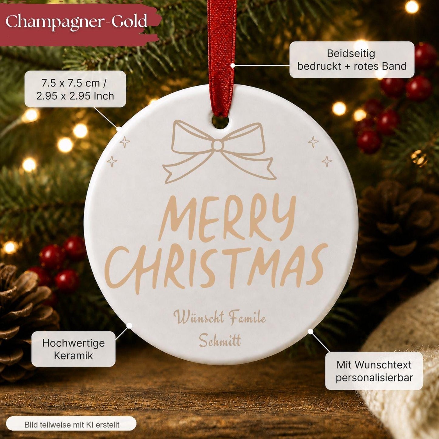 Personalisiertes Merry Christmas Ornament, Keramik Weihnachtsanhänger mit Wunschtext, Christbaumschmuck, Geschenk Weihnachten