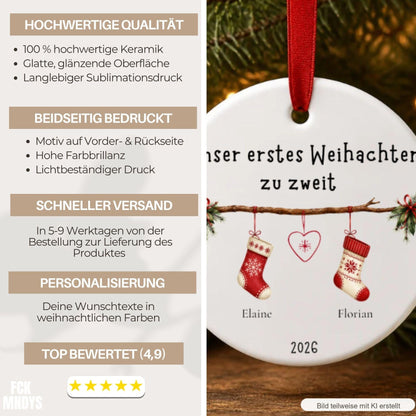 Personalisiertes Weihnachtsanhänger Familie zwei köpfig, Tannenbaum Dekoration, Ornament, Keramik Baby, Namen & Jahr 2026 Christbaumschmuck