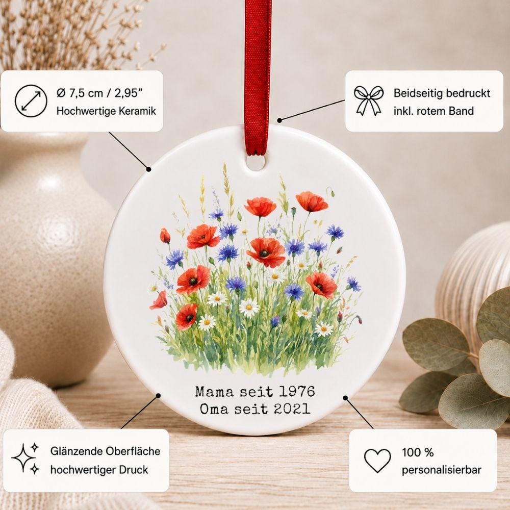 Personalisiertes Mama Oma Opa seit Ornament, Keramik Anhänger mit Datum, Familien Geschenk für Mama Oma Papa Großeltern Weihnachtsschmuck