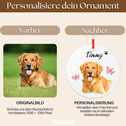 Personalisiertes Hunde Haustier Ornament Aquarell, Keramik Anhänger mit Foto Name & Text, Geschenk Hundebesitzer Erinnerung Weihnachten