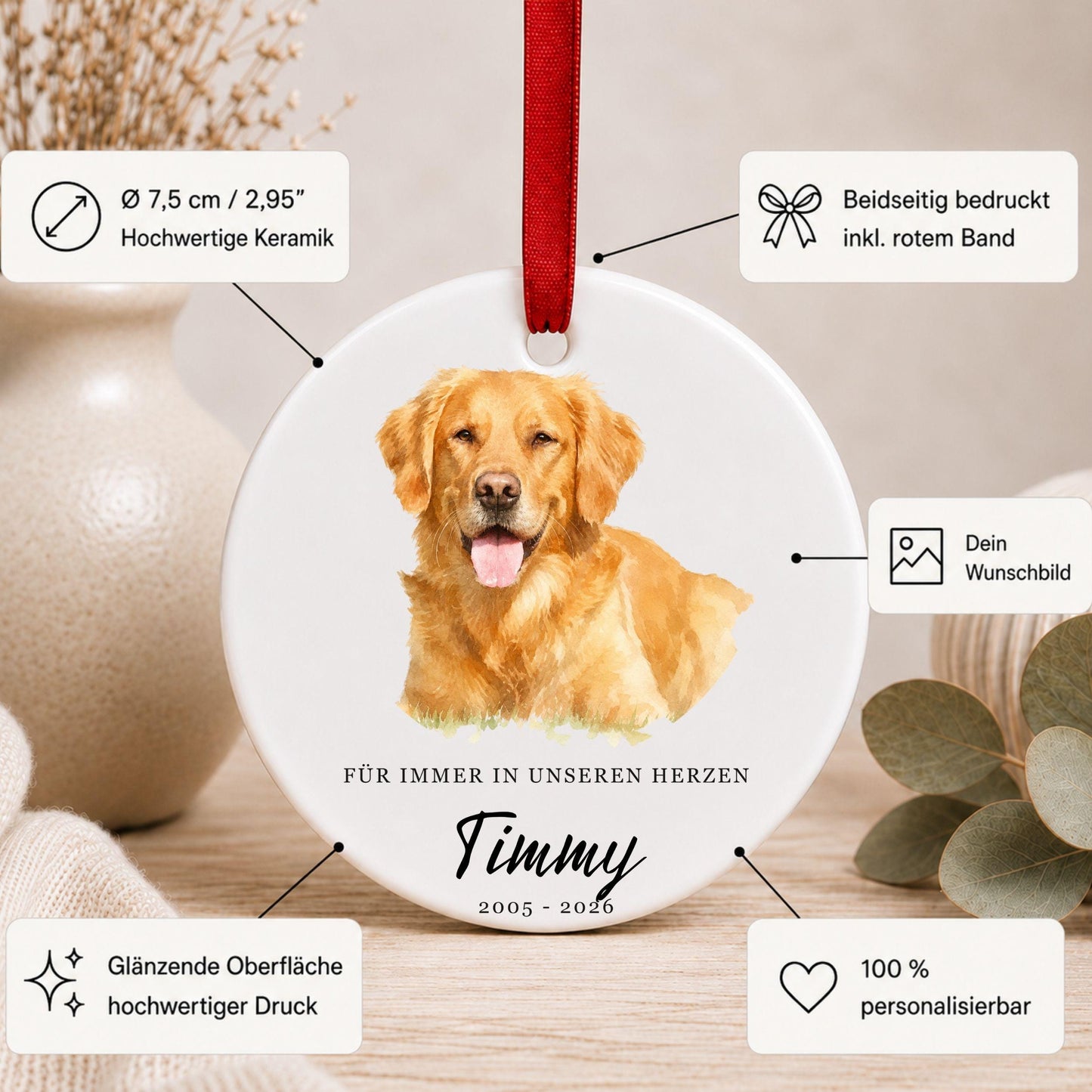 Personalisiertes Hunde Haustier Ornament Aquarell, Keramik Anhänger mit Foto Name & Text, Geschenk Hundebesitzer Erinnerung Weihnachten
