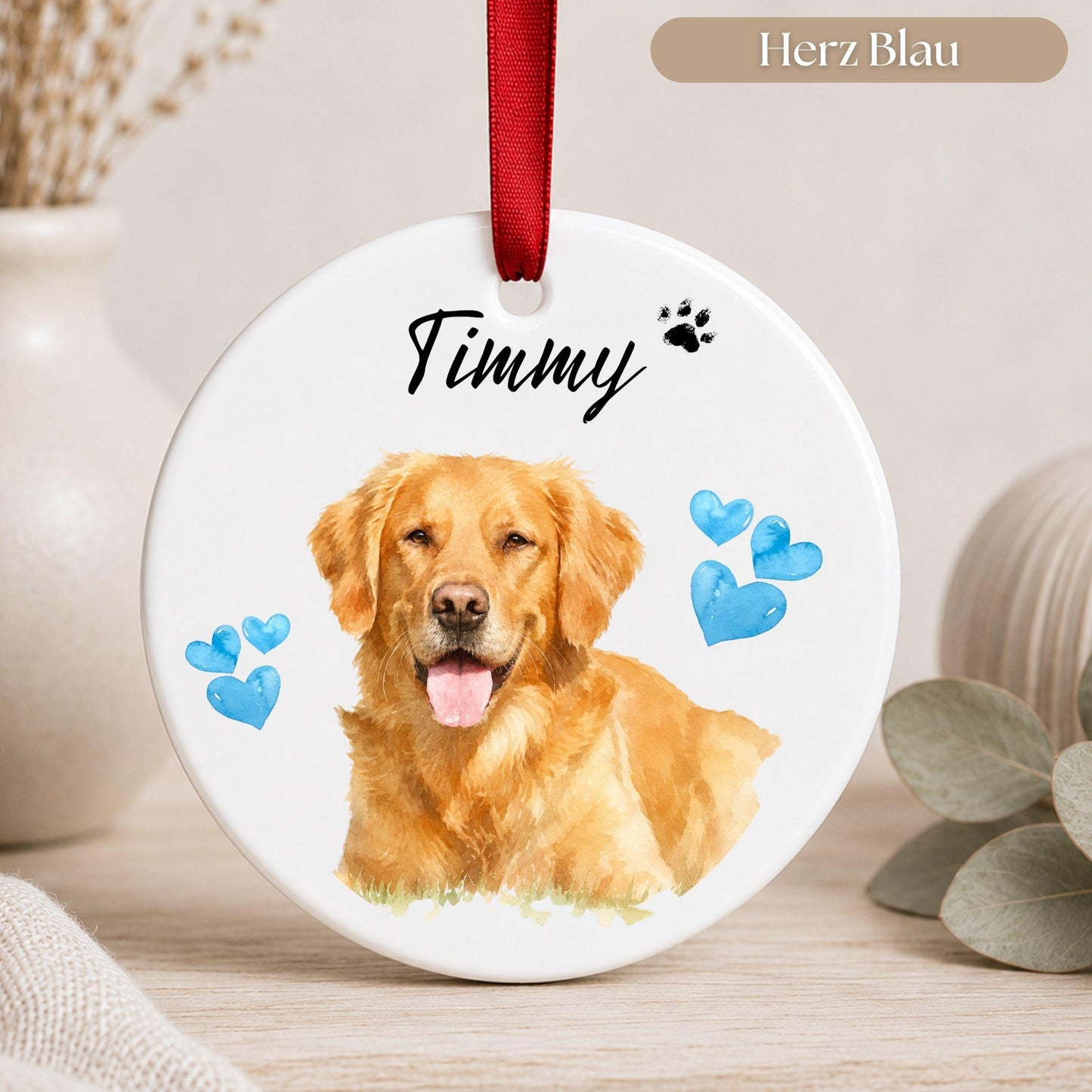 Personalisiertes Hunde Haustier Ornament Aquarell, Keramik Anhänger mit Foto Name & Text, Geschenk Hundebesitzer Erinnerung Weihnachten