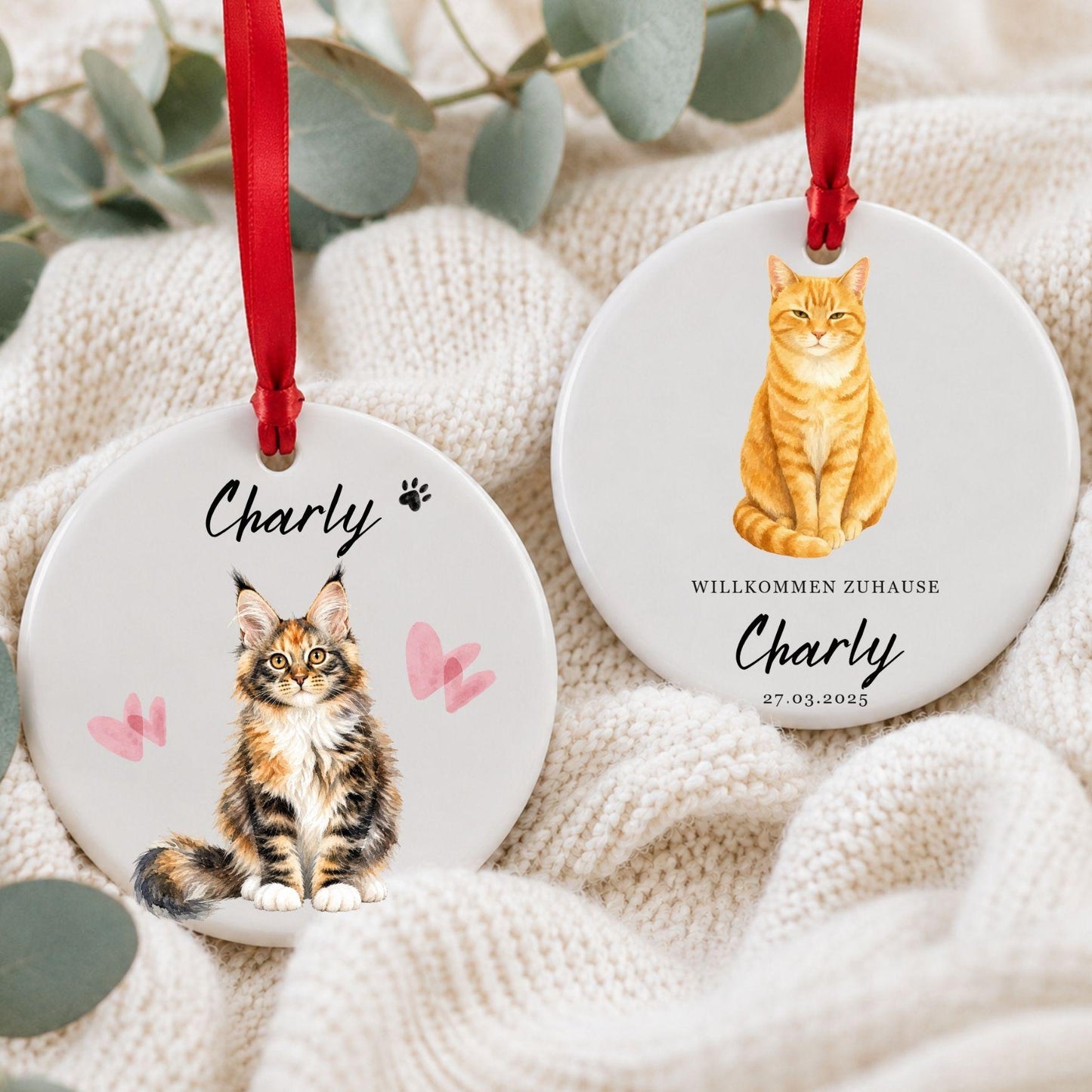 Personalisiertes Katzen Haustier Ornament Aquarell, Keramik Anhänger mit Foto Name & Text, Geschenk Katzenbesitzer Erinnerung Watercolor