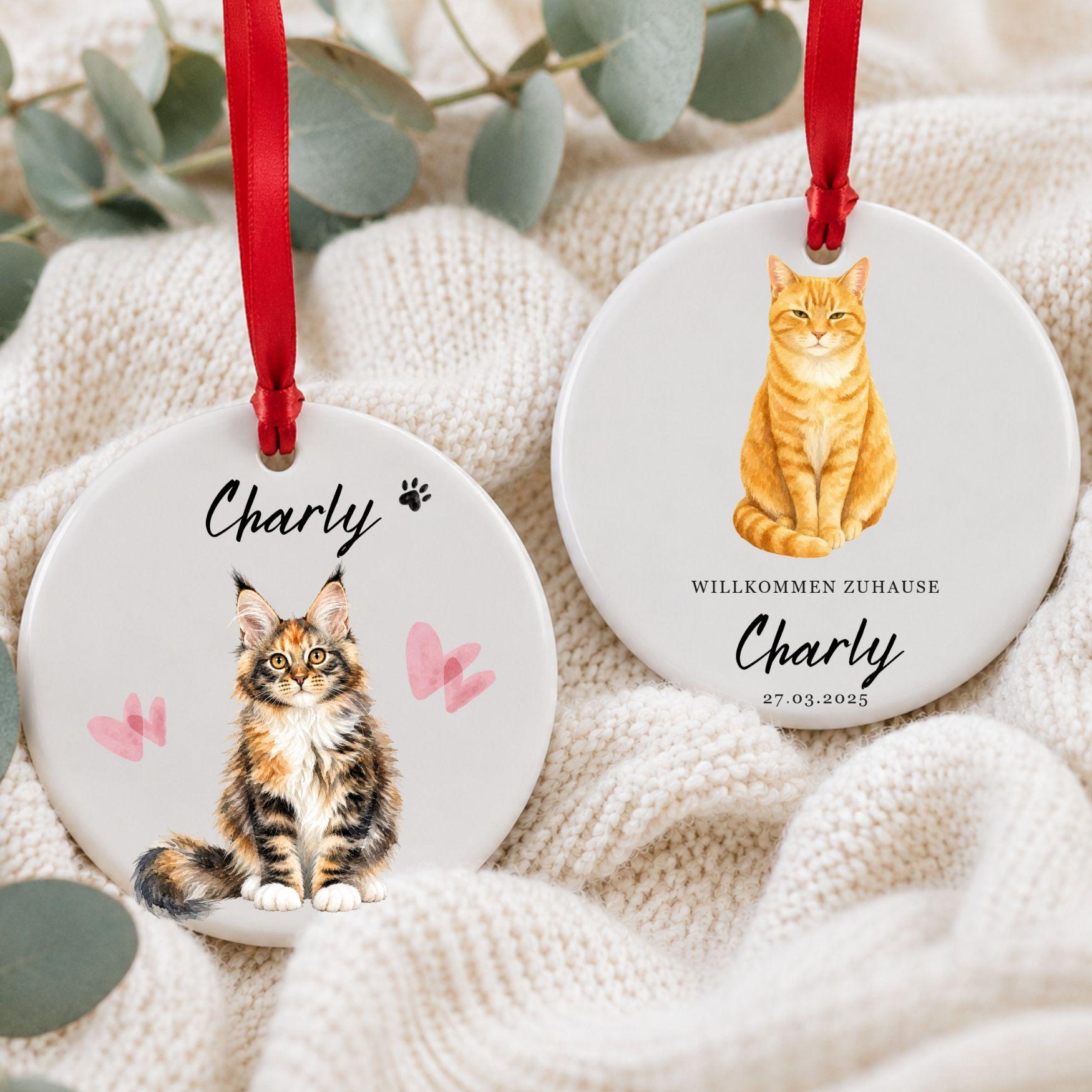 Personalisiertes Katzen Haustier Ornament Aquarell, Keramik Anhänger mit Foto Name & Text, Geschenk Katzenbesitzer Erinnerung Watercolor