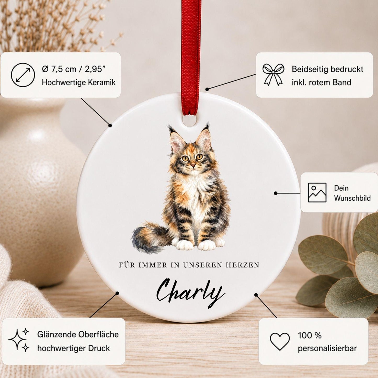 Personalisiertes Katzen Haustier Ornament Aquarell, Keramik Anhänger mit Foto Name & Text, Geschenk Katzenbesitzer Erinnerung Watercolor