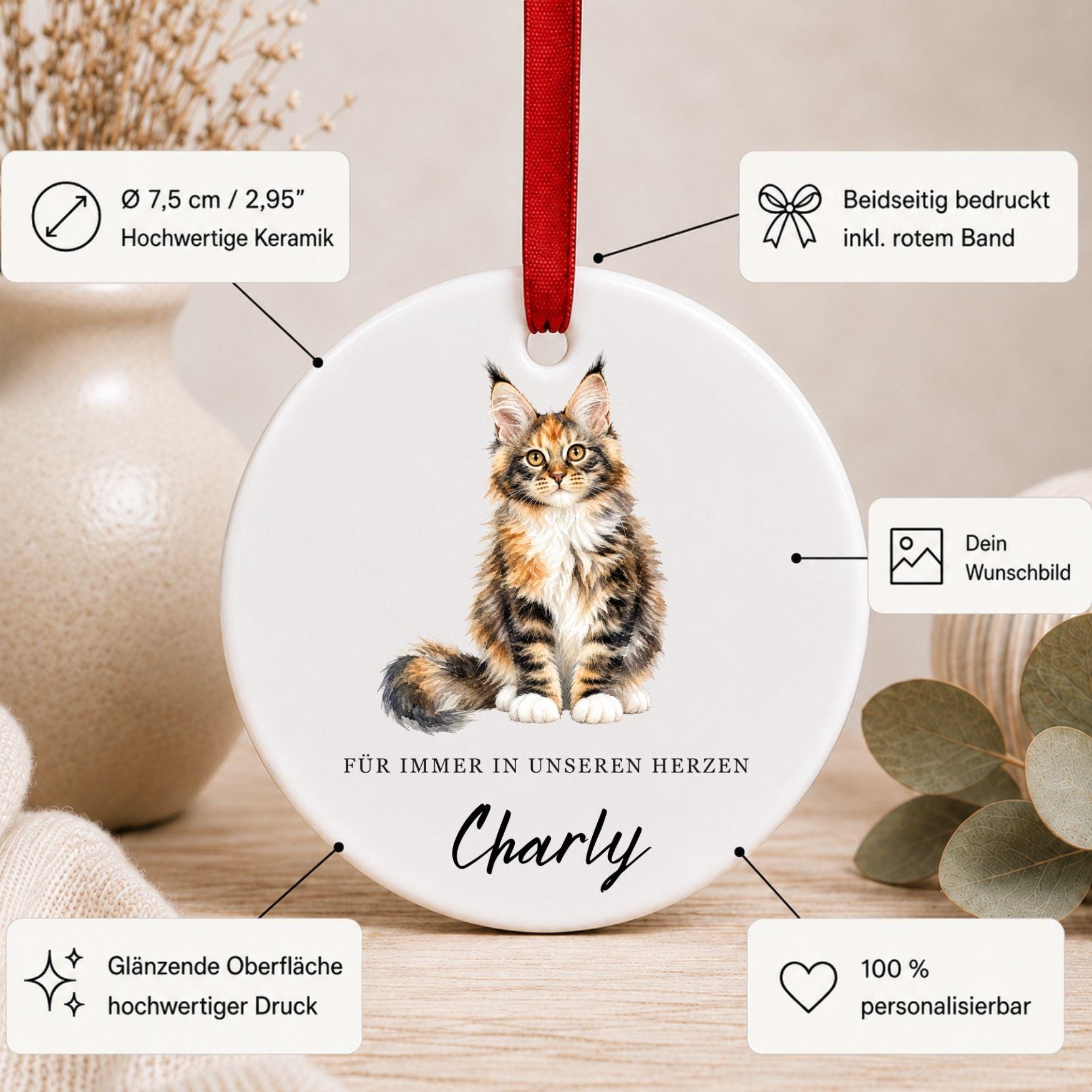 Personalisiertes Katzen Haustier Ornament Aquarell, Keramik Anhänger mit Foto Name & Text, Geschenk Katzenbesitzer Erinnerung Watercolor