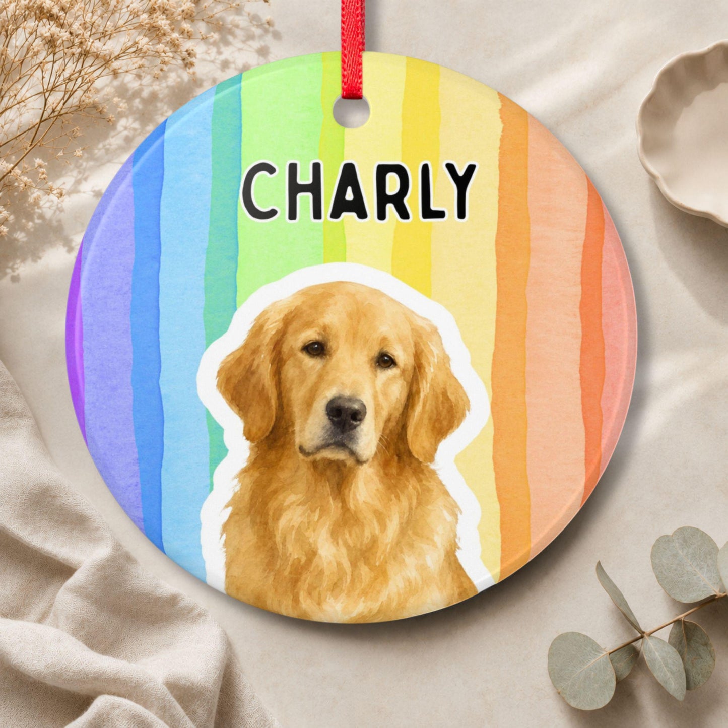 Personalisiertes Haustier Ornament Aquarell Streifen, Keramik Anhänger mit Foto & Name, Geschenk für Tierbesitzer Hundehalter Weihnachten