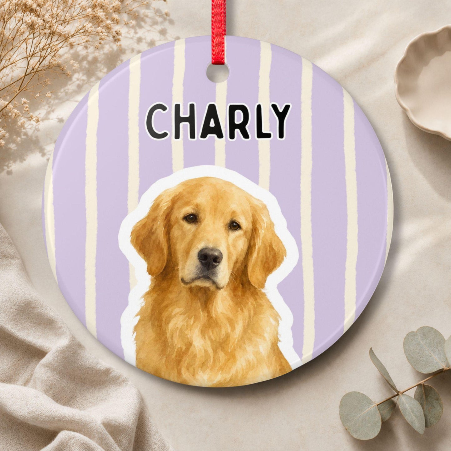 Personalisiertes Haustier Ornament Aquarell Streifen, Keramik Anhänger mit Foto & Name, Geschenk für Tierbesitzer Hundehalter Weihnachten
