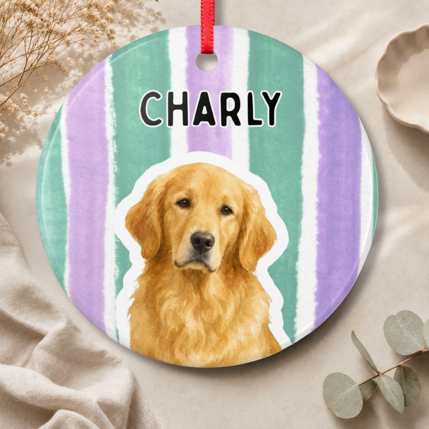 Personalisiertes Haustier Ornament Aquarell Streifen, Keramik Anhänger mit Foto & Name, Geschenk für Tierbesitzer Hundehalter Weihnachten
