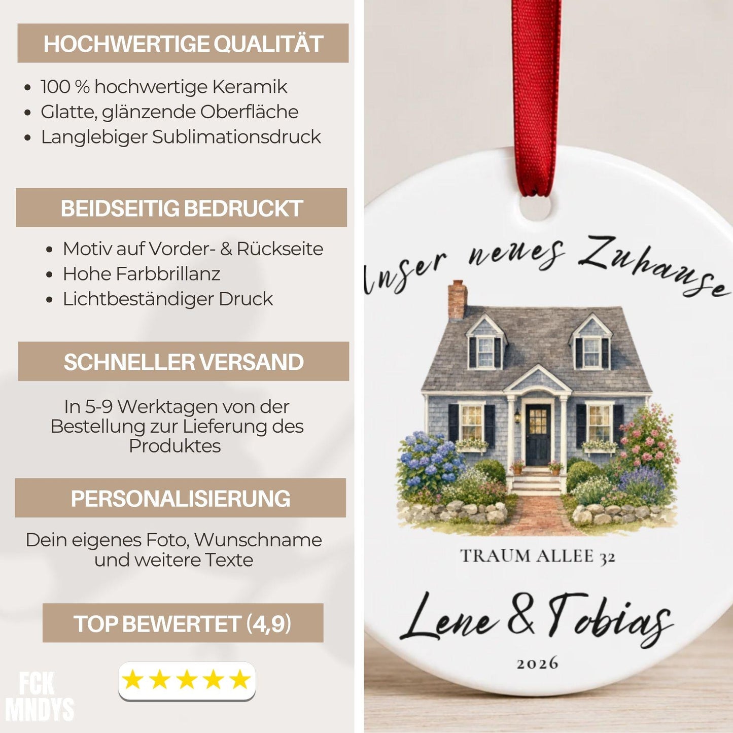 Personalisierter Keramik Anhänger Hausfoto, Neues Zuhause Geschenk mit Namen Adresse Jahr, Einzug Umzug Hausbau Richtfest Familie Ornament