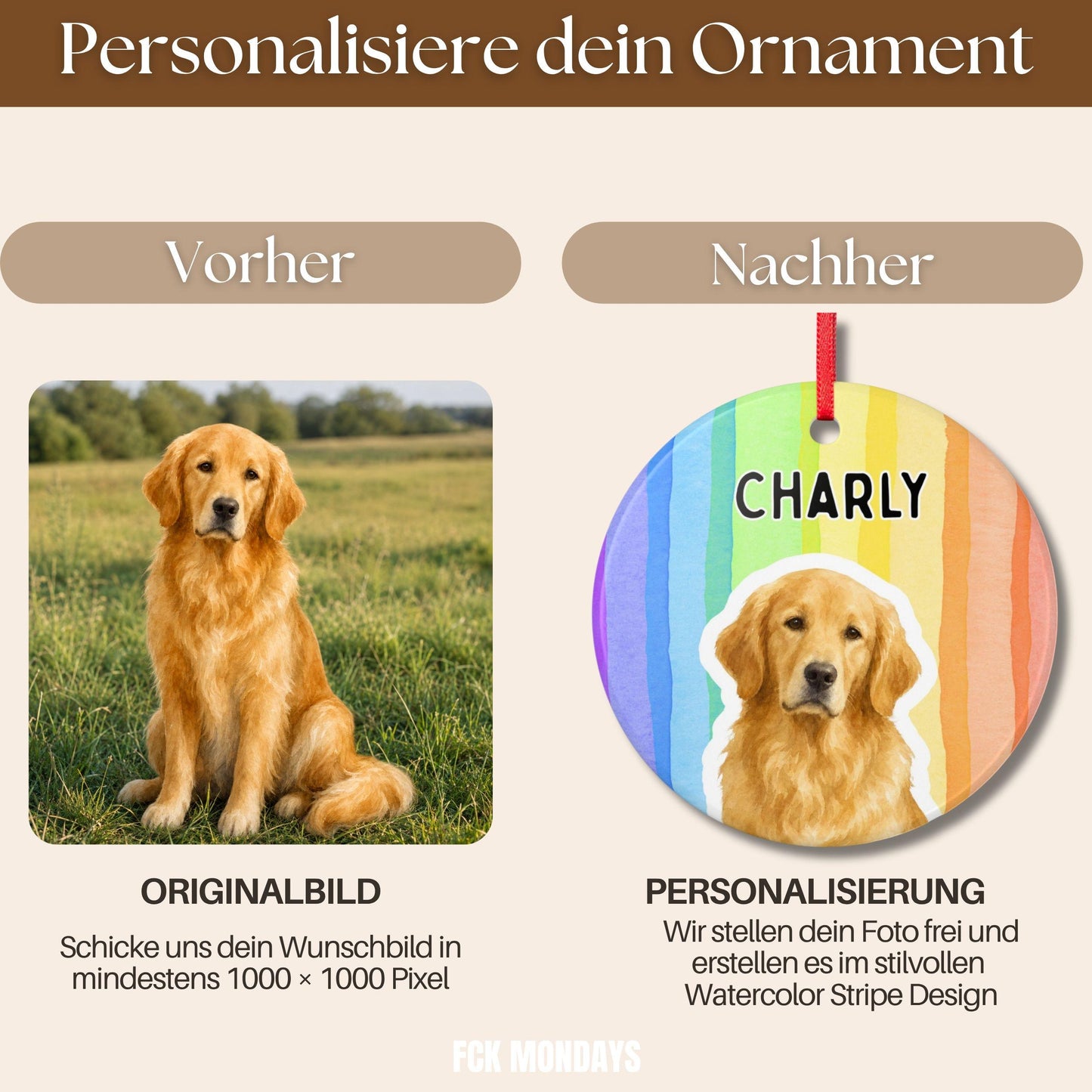 Personalisiertes Haustier Ornament Aquarell Streifen, Keramik Anhänger mit Foto & Name, Geschenk für Tierbesitzer Hundehalter Weihnachten