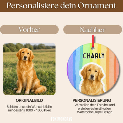 Personalisiertes Haustier Ornament Aquarell Streifen, Keramik Anhänger mit Foto & Name, Geschenk für Tierbesitzer Hundehalter Weihnachten