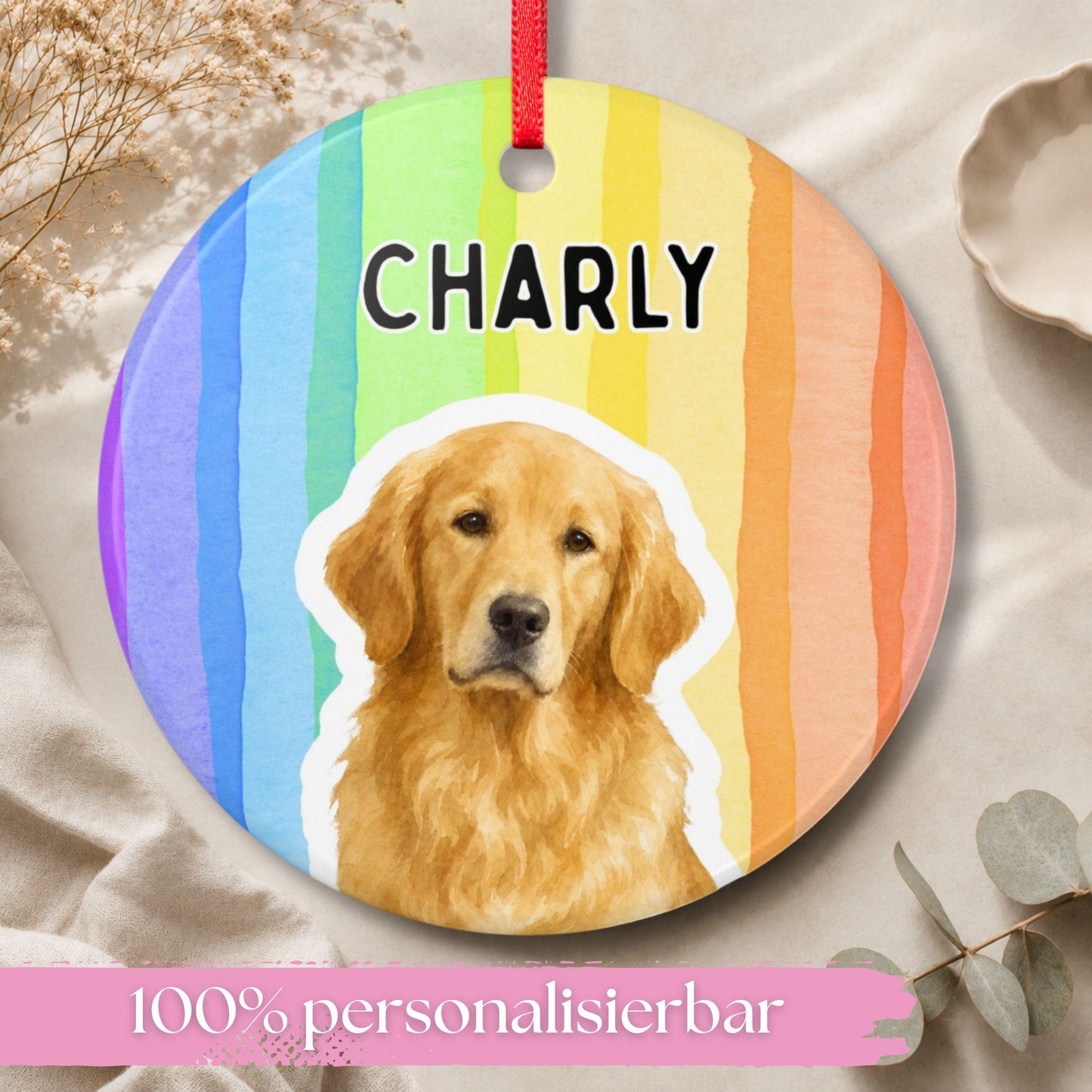 Personalisiertes Haustier Ornament Aquarell Streifen, Keramik Anhänger mit Foto & Name, Geschenk für Tierbesitzer Hundehalter Weihnachten