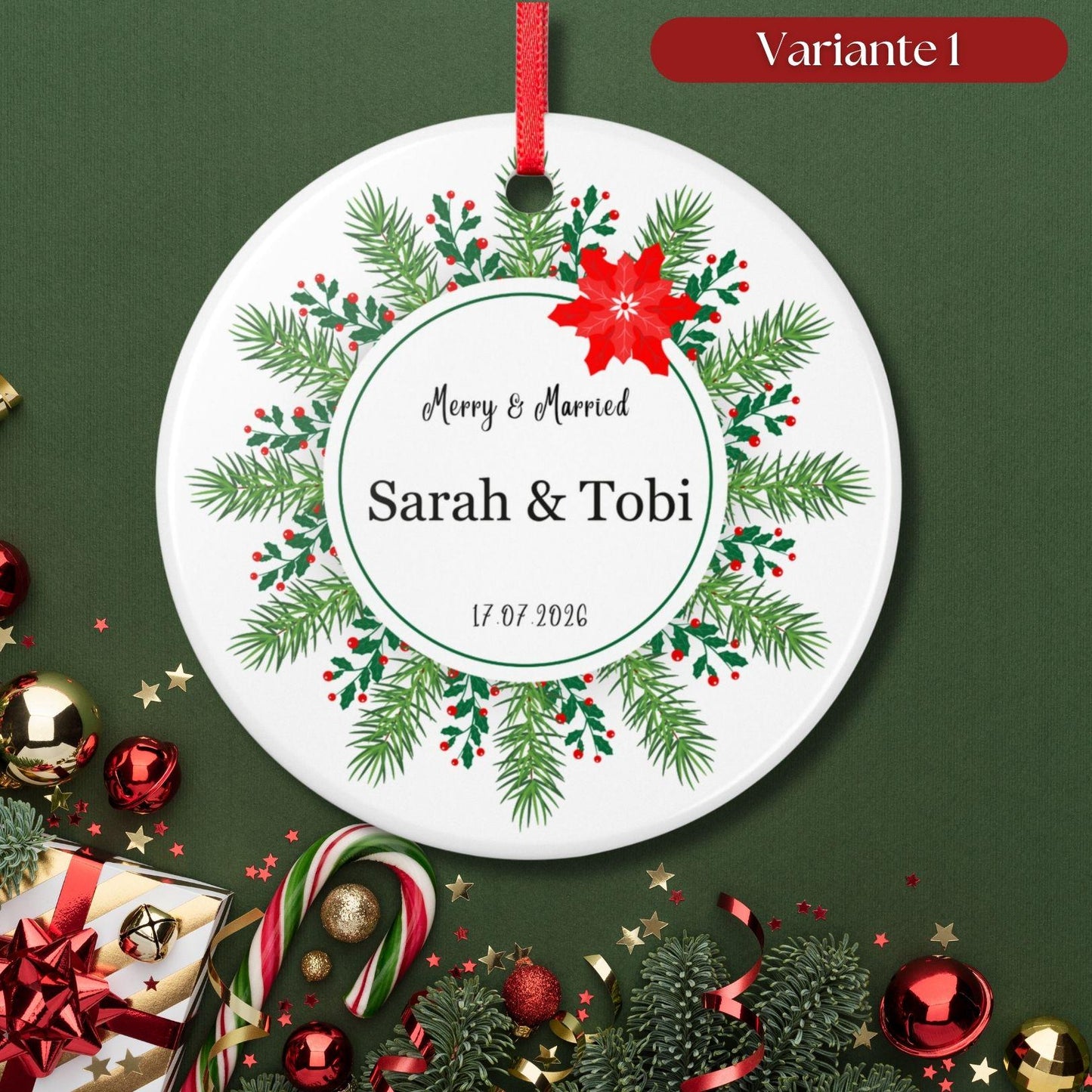 Personalisiertes First Christmas Ornament für Paare, Keramik Weihnachtsanhänger mit Namen & Datum, erstes Weihnachten frisch verheiratet