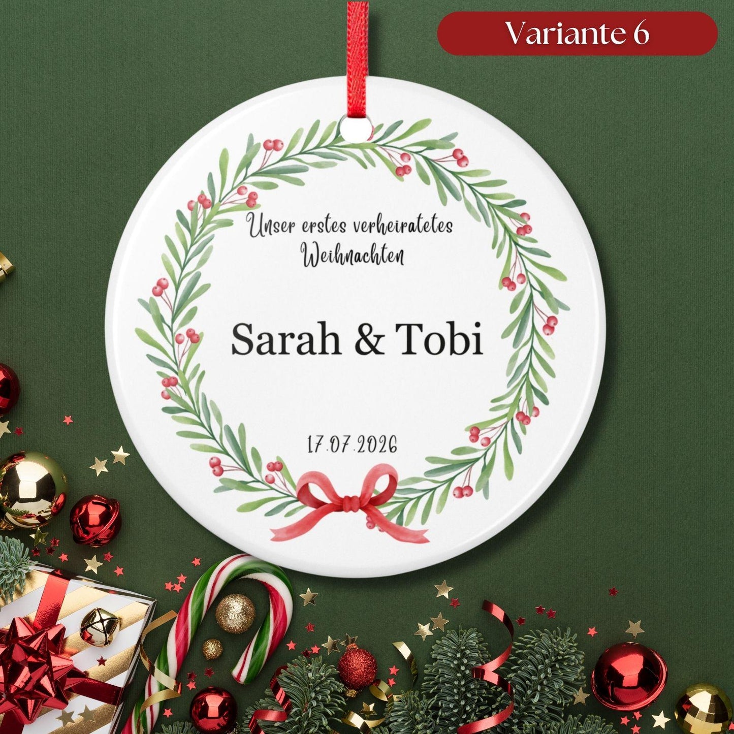 Personalisiertes First Christmas Ornament für Paare, Keramik Weihnachtsanhänger mit Namen & Datum, erstes Weihnachten frisch verheiratet