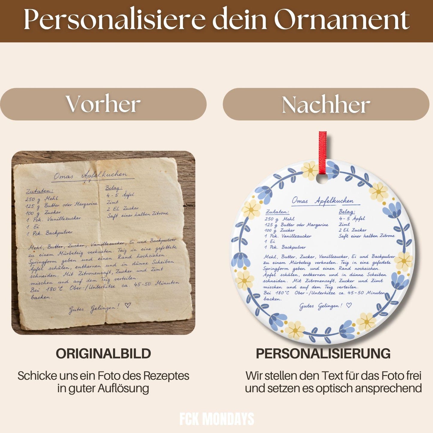 Personalisiertes Rezept Ornament mit Handschrift, Omas Rezept Keramik Anhänger, Familienrezept Weihnachtsgeschenk Geburtstag Verzierung
