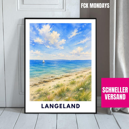 Langeland Poster Dänemark | Strand Illustration | Ostsee Küste Print | Nordic Beach Art | Skandinavien Reise Sommerhaus Deko Illustration
