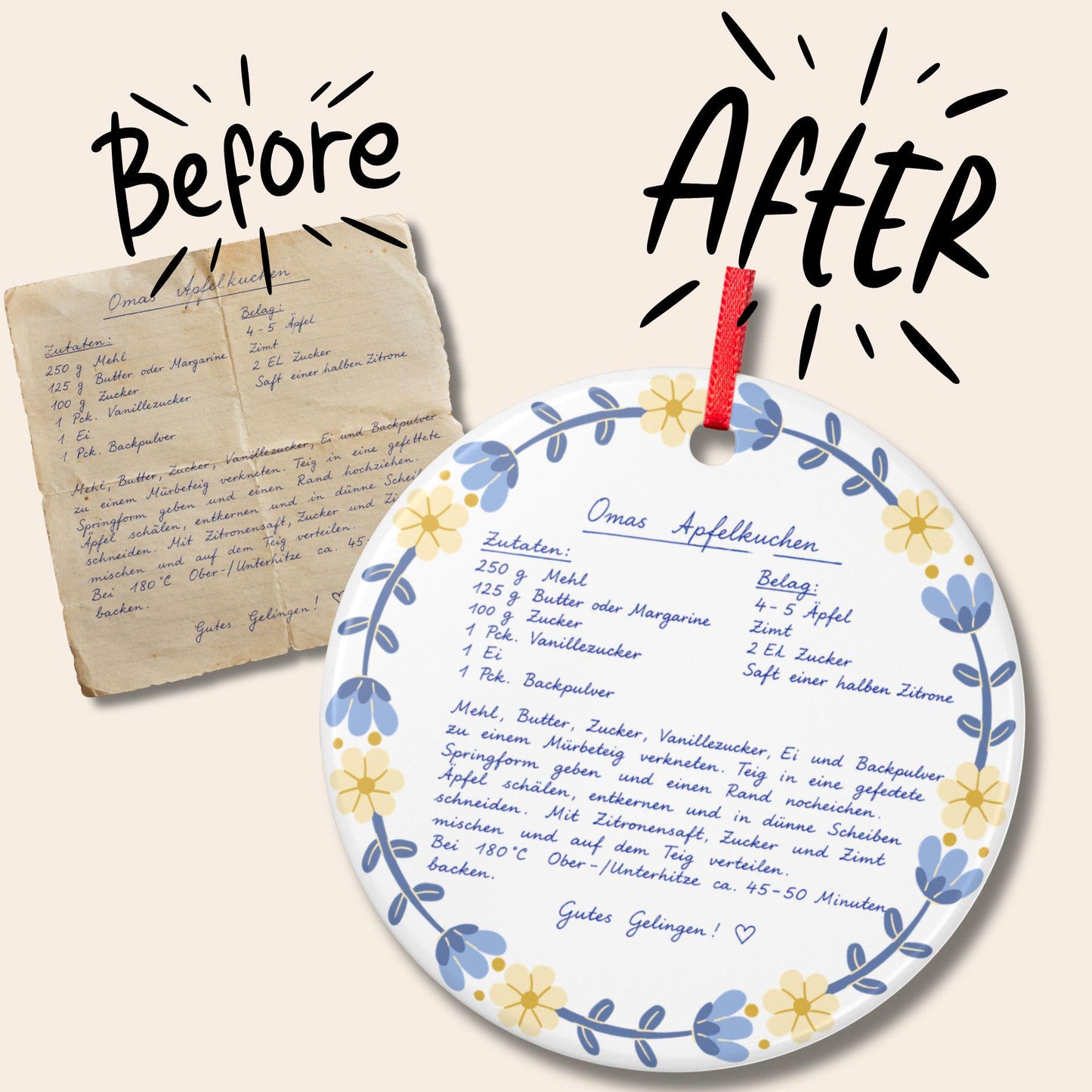 Personalisiertes Handschrift Ornament, Custom Keramik Anhänger mit Notiz Foto Kinderzeichnung, Erinnerungsgeschenk Weihnachten