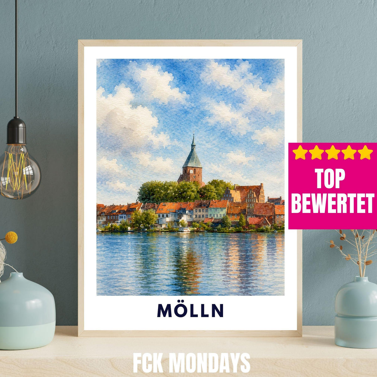 Mölln Poster | St. Nicolai-Kirche Illustration | Historisches Altstadt Wandbild | Schleswig-Holstein Reisebild | Seeufer Landschaftsdeko