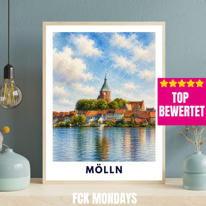 Mölln Poster | St. Nicolai-Kirche Illustration | Historisches Altstadt Wandbild | Schleswig-Holstein Reisebild | Seeufer Landschaftsdeko
