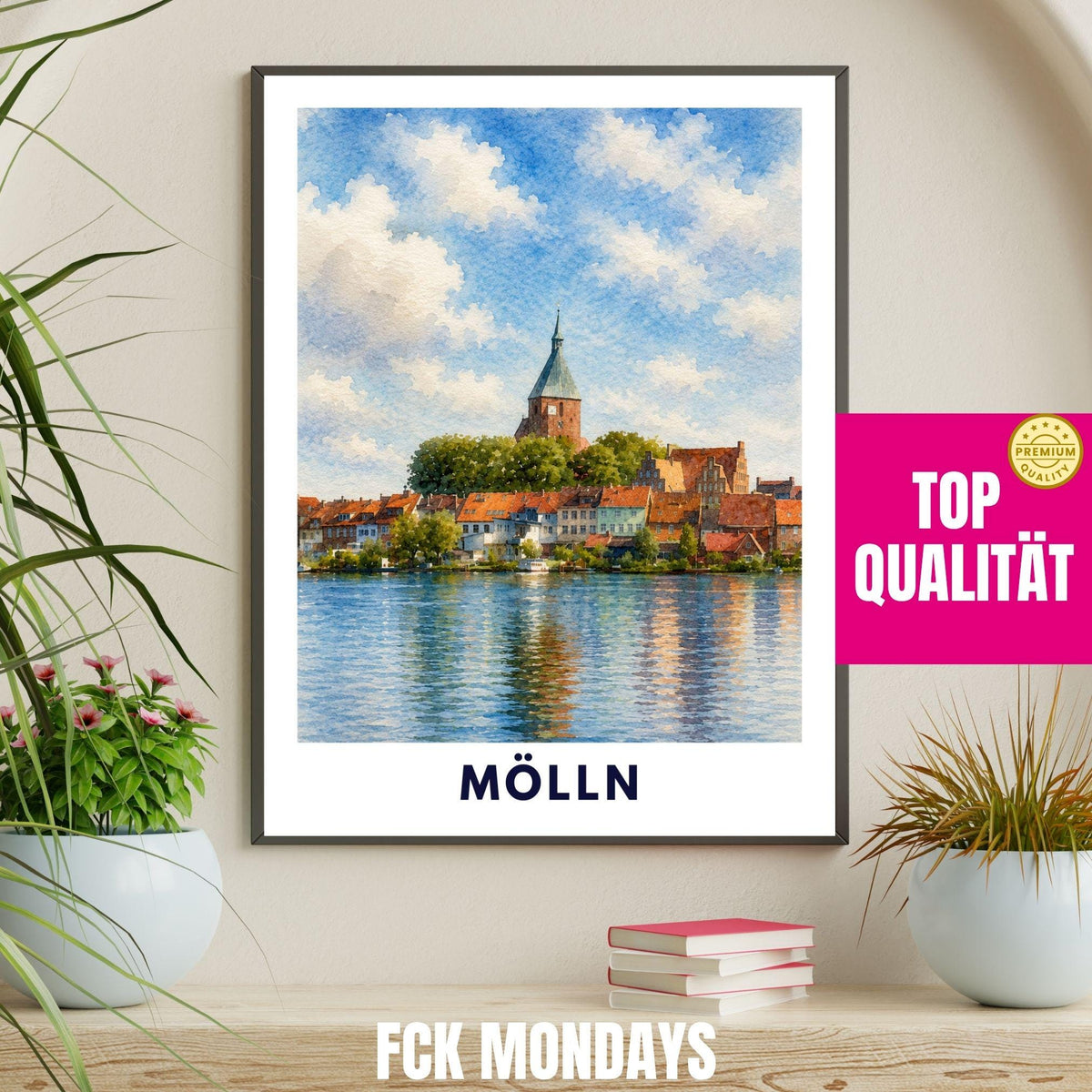 Mölln Poster | St. Nicolai-Kirche Illustration | Historisches Altstadt Wandbild | Schleswig-Holstein Reisebild | Seeufer Landschaftsdeko