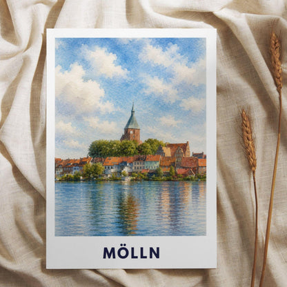 Mölln Poster | St. Nicolai-Kirche Illustration | Historisches Altstadt Wandbild | Schleswig-Holstein Reisebild | Seeufer Landschaftsdeko