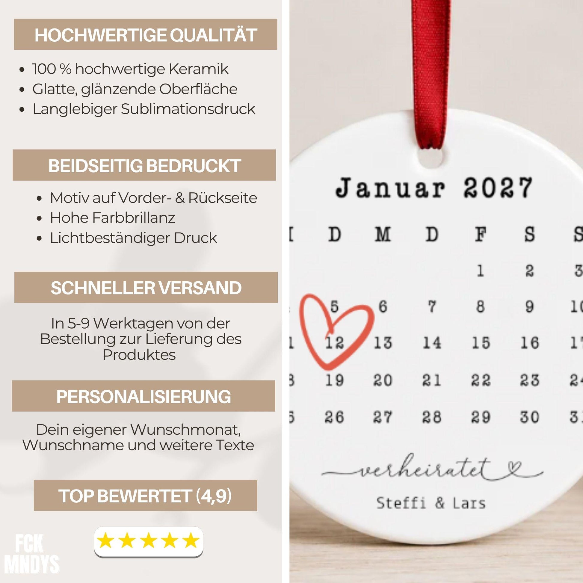 Personalisiertes Kalender Ornament Paare, Keramik Anhänger mit Datum Namen, Geschenk Jahrestag Hochzeit Weihnachten Erstes Date Verlobung