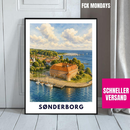 Sønderborg Poster Dänemark | Schloss & Hafen Illustration | Ostsee Stadtbild | Skandinavisches Reiseposter | Nordic Wall Art | Küstendeko